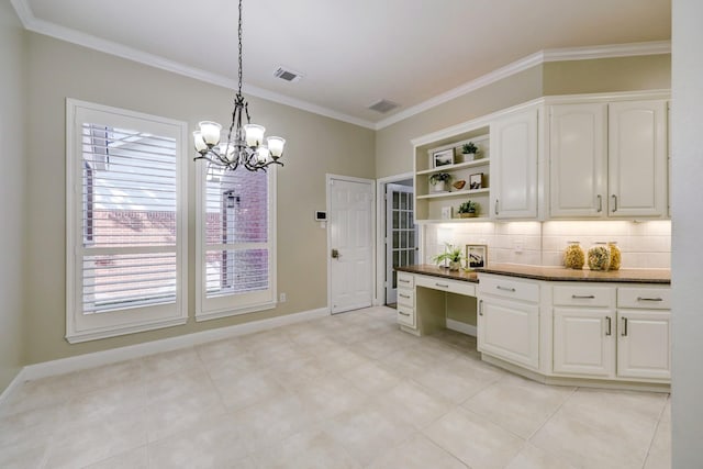 kitchen featuring visible vents, crown molding, hanging light fixtures, white cabinetry, and open shelves