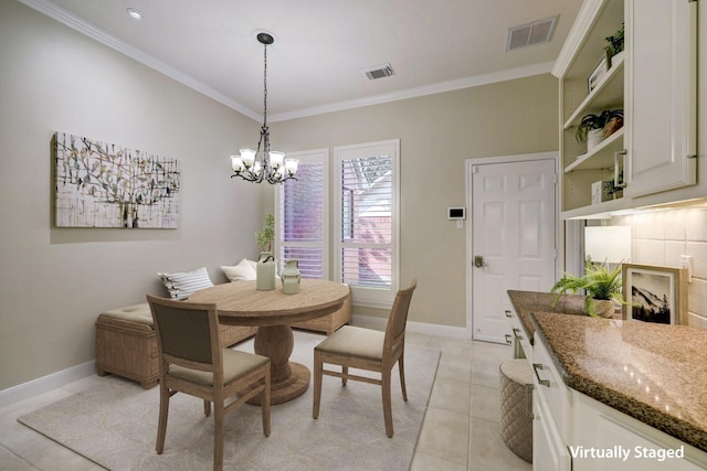 dining area with a notable chandelier, light tile patterned flooring, visible vents, and ornamental molding