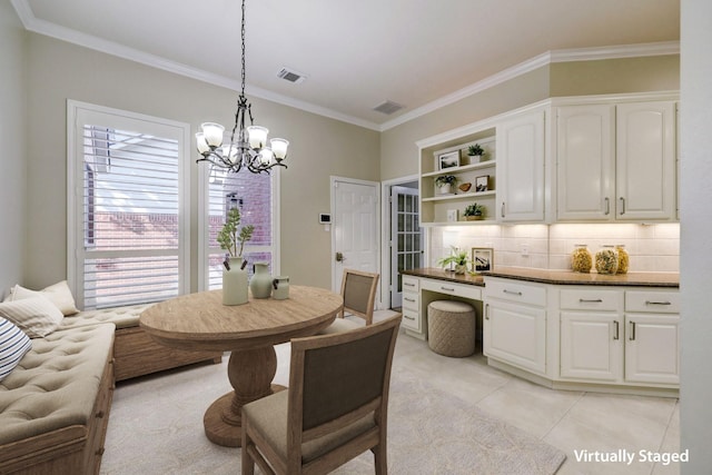 dining space with a chandelier, visible vents, crown molding, and light tile patterned floors