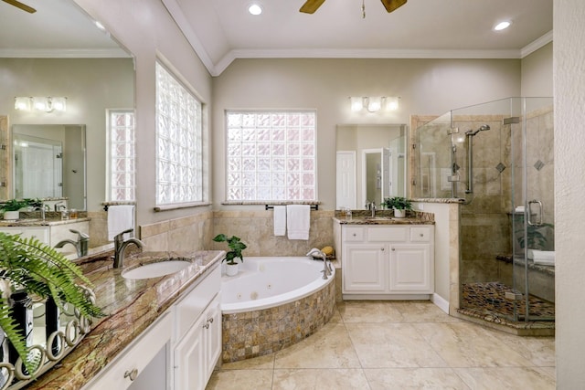 full bath featuring ornamental molding, a ceiling fan, and a sink