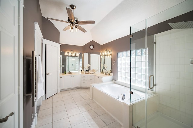 full bathroom with tile patterned flooring, ceiling fan, lofted ceiling, a stall shower, and vanity