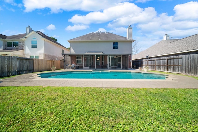 view of pool featuring a fenced in pool, a lawn, a fenced backyard, and a sunroom