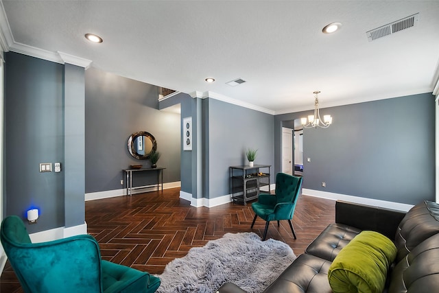 living area featuring visible vents, baseboards, and ornamental molding