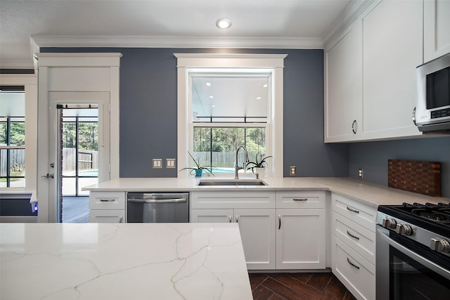 kitchen with a sink, crown molding, a wealth of natural light, and stainless steel appliances