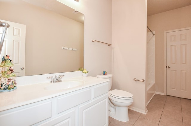 bathroom with tile patterned flooring, baseboards, toilet, shower / tub combination, and vanity