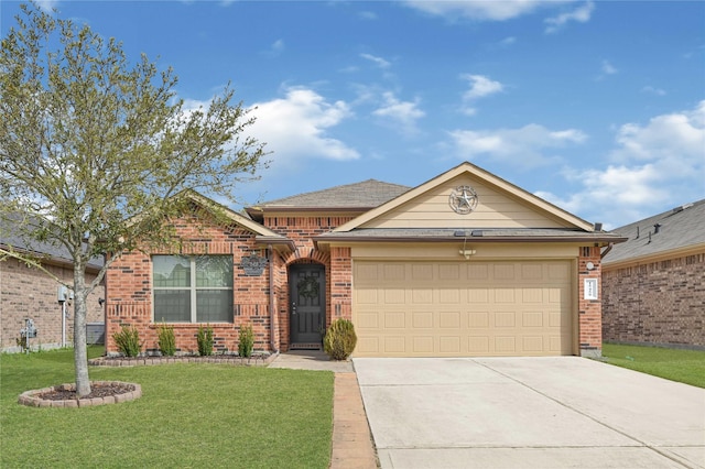 ranch-style home featuring brick siding, a front lawn, an attached garage, and driveway