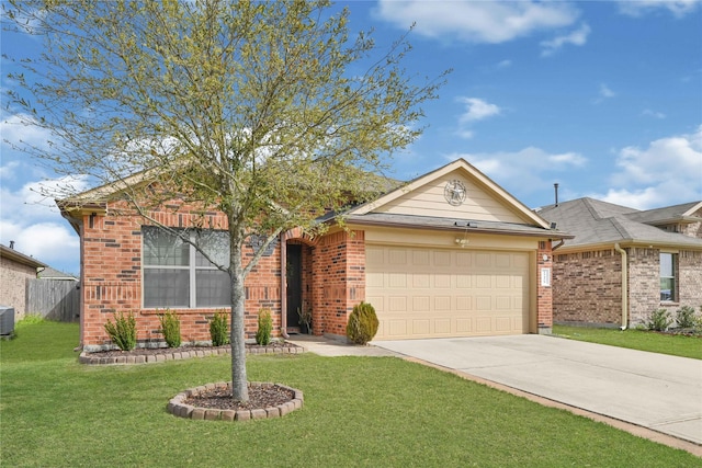 ranch-style house featuring driveway, cooling unit, a front yard, an attached garage, and brick siding