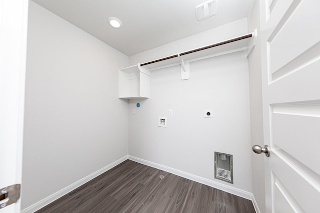 clothes washing area featuring dark wood-style floors, laundry area, washer hookup, and hookup for an electric dryer