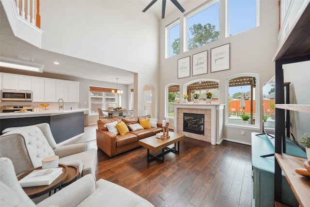 living area with a ceiling fan, dark wood-style floors, baseboards, and a fireplace