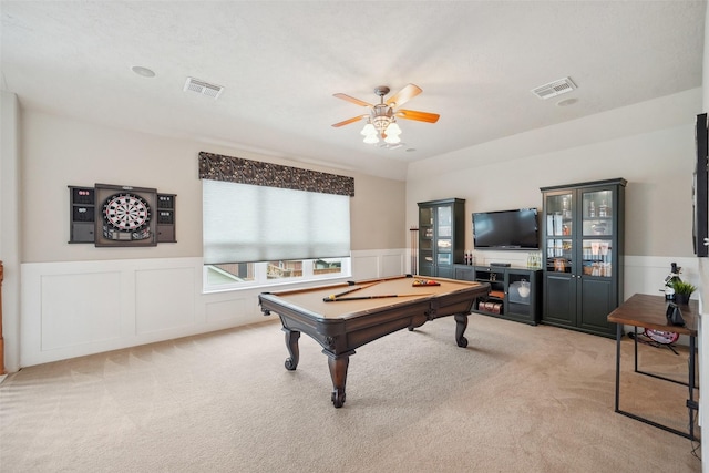 game room with visible vents, billiards, carpet, wainscoting, and ceiling fan