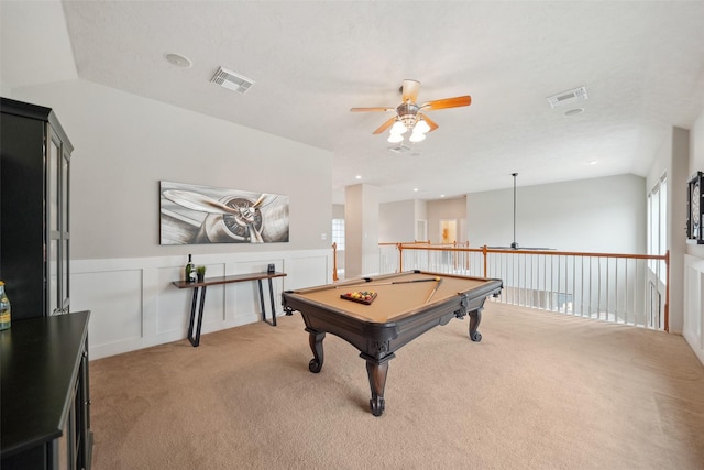 game room featuring visible vents, light carpet, and a ceiling fan