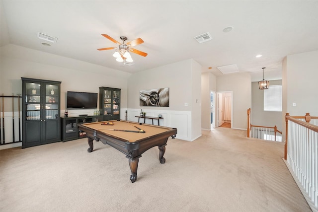 recreation room with visible vents, light carpet, lofted ceiling, and pool table