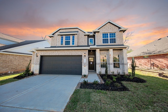 3714 Windswept Dr, Montgomery, TX 77356 - traditional-style house with brick siding, an attached garage, a front lawn, and concrete driveway