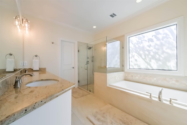4303 Blossom St, Houston, TX 77007 - full bathroom featuring a bath, a shower stall, vanity, recessed lighting, and tile patterned floors