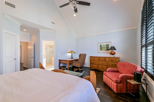 4303 Blossom St, Houston, TX 77007 - bedroom with high vaulted ceiling, crown molding, wood finished floors, ensuite bath, and recessed lighting