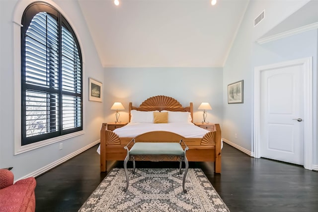 4303 Blossom St, Houston, TX 77007 - bedroom featuring vaulted ceiling, dark wood finished floors, baseboards, and recessed lighting