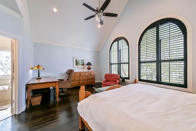 4303 Blossom St, Houston, TX 77007 - bedroom featuring dark wood-type flooring, high vaulted ceiling, recessed lighting, and baseboards