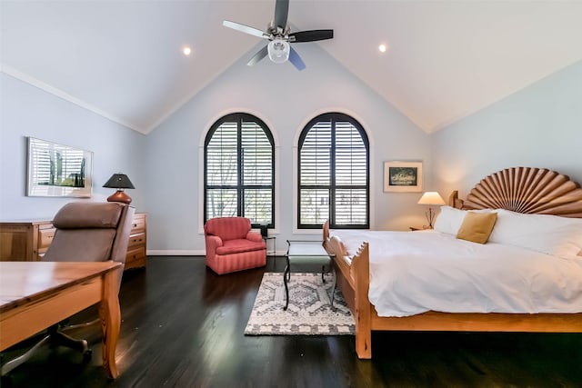 4303 Blossom St, Houston, TX 77007 - bedroom featuring wood finished floors, vaulted ceiling, baseboards, recessed lighting, and ceiling fan