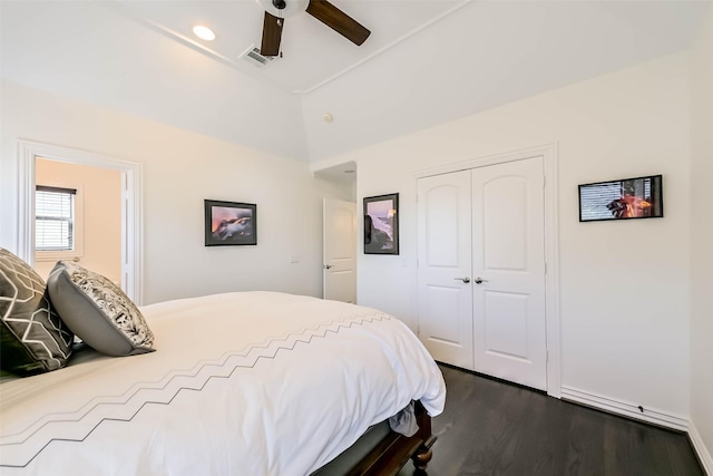 4303 Blossom St, Houston, TX 77007 - bedroom featuring a closet, dark wood-style flooring, and a ceiling fan