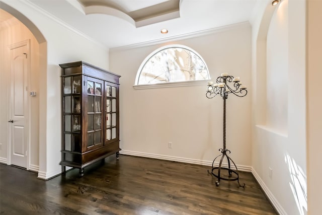 4303 Blossom St, Houston, TX 77007 - foyer entrance with arched walkways, dark wood-style floors, ornamental molding, recessed lighting, and baseboards