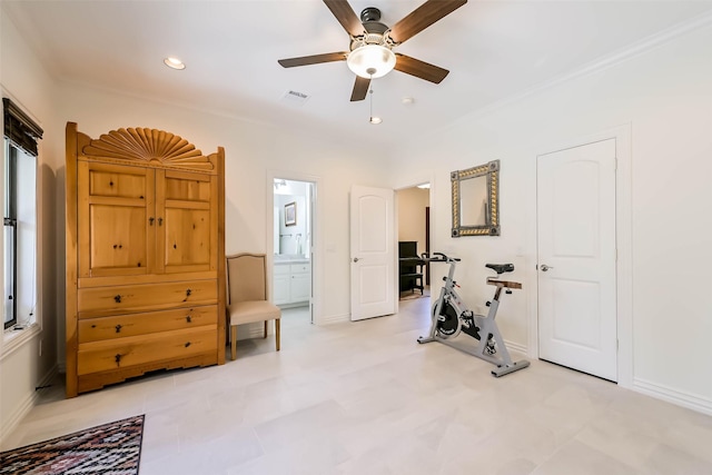 4303 Blossom St, Houston, TX 77007 - exercise room with ceiling fan, baseboards, and recessed lighting