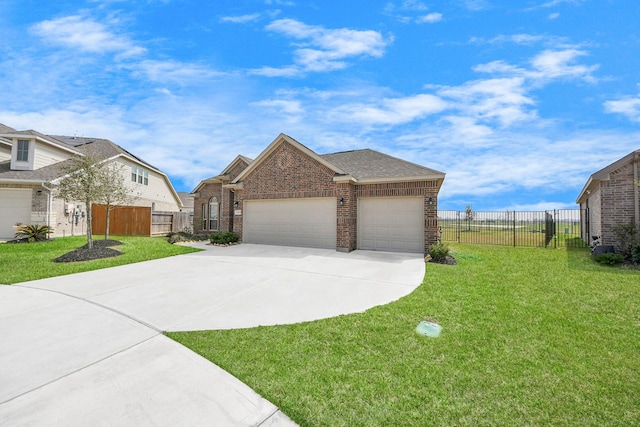 view of front of home with a front lawn, fence, concrete driveway, an attached garage, and brick siding