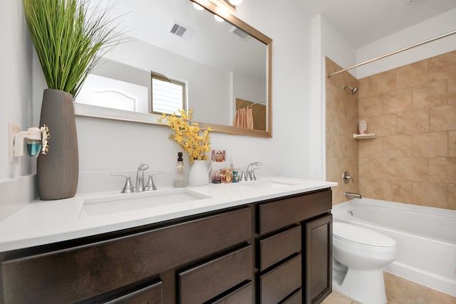 full bath featuring shower / bathtub combination with curtain, visible vents, double vanity, a sink, and toilet