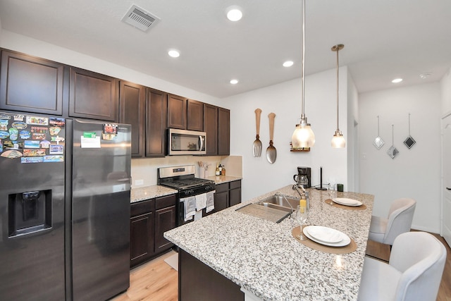 kitchen with a breakfast bar area, visible vents, a sink, dark brown cabinets, and appliances with stainless steel finishes