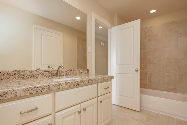 bathroom with vanity, tile patterned floors, recessed lighting, and shower / bath combination