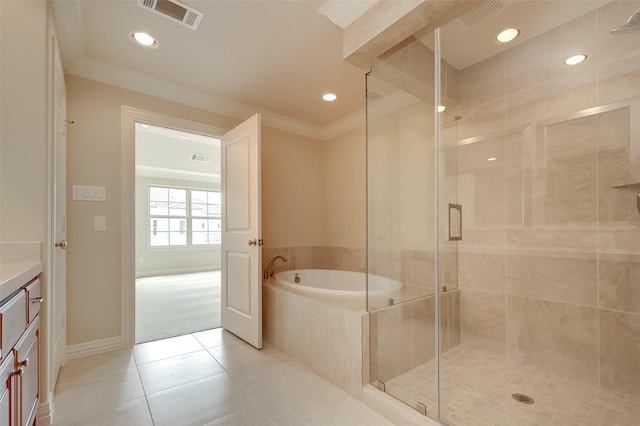 full bathroom with vanity, visible vents, a stall shower, crown molding, and a bath