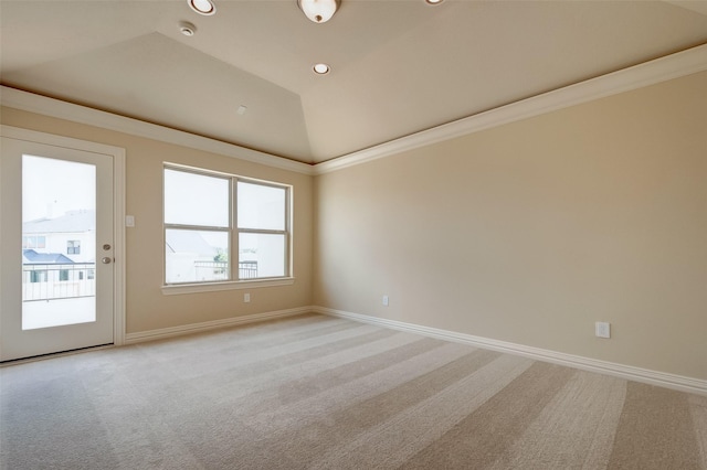 unfurnished room with baseboards, lofted ceiling, recessed lighting, light carpet, and crown molding