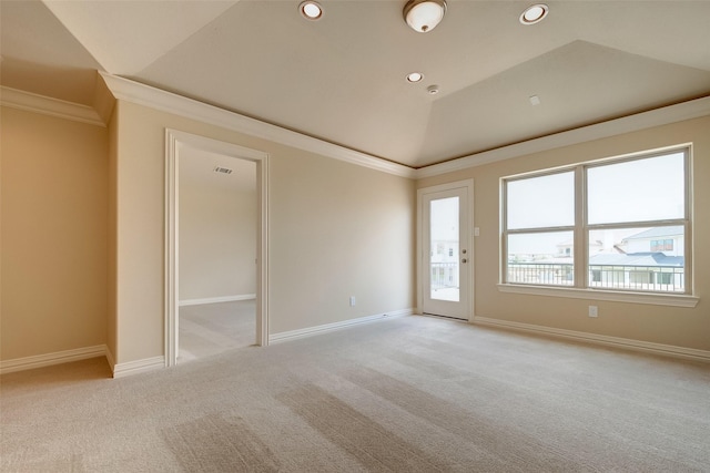 unfurnished room with recessed lighting, baseboards, crown molding, and vaulted ceiling