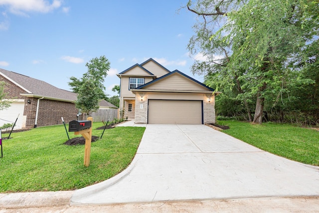 traditional-style house with brick siding, driveway, a front lawn, and a garage