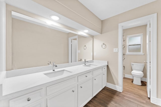 bathroom with double vanity, toilet, wood finished floors, and a sink