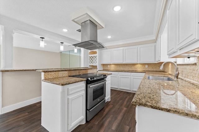 kitchen with a sink, stainless steel electric range, backsplash, island range hood, and light stone counters