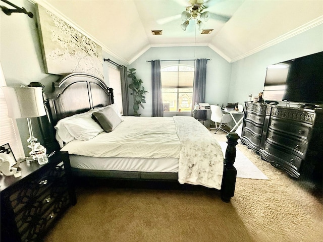 bedroom with vaulted ceiling, visible vents, carpet floors, and ornamental molding