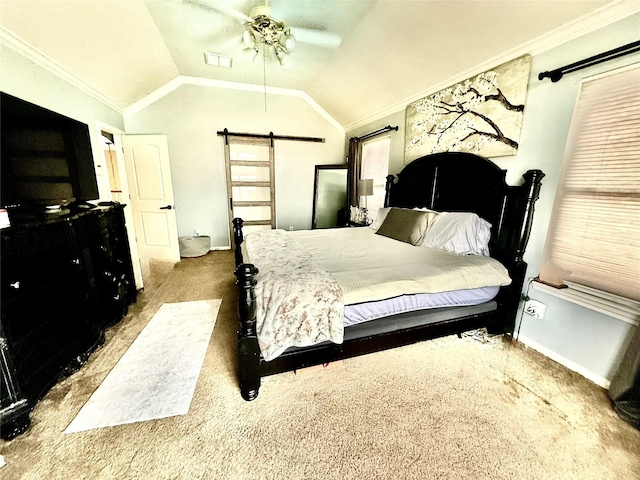 carpeted bedroom with a barn door, vaulted ceiling, a ceiling fan, ornamental molding, and baseboards