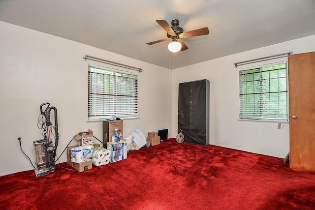 interior space with ceiling fan and carpet flooring