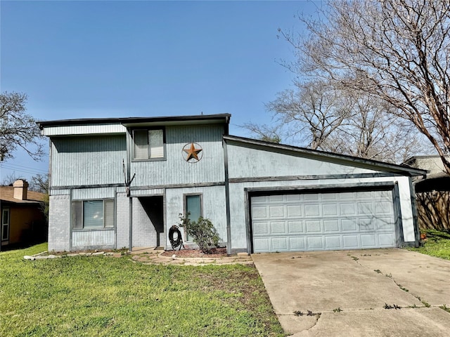 view of front facade featuring brick siding, a garage, concrete driveway, and a front yard