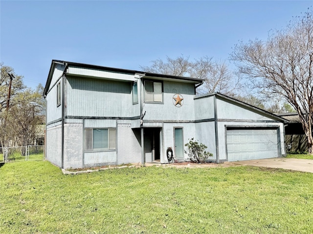 view of front of home featuring fence, driveway, a front lawn, a garage, and brick siding