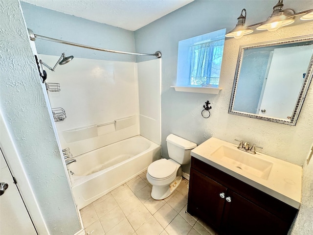 full bathroom with vanity, a textured ceiling, shower / bathing tub combination, toilet, and tile patterned floors