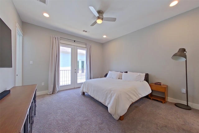 bedroom with access to exterior, recessed lighting, light colored carpet, and baseboards