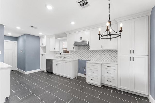 kitchen with visible vents, decorative backsplash, white cabinets, under cabinet range hood, and dishwasher