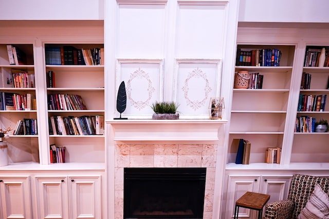 living area featuring a fireplace