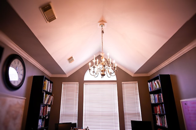 interior details featuring visible vents, a notable chandelier, and ornamental molding