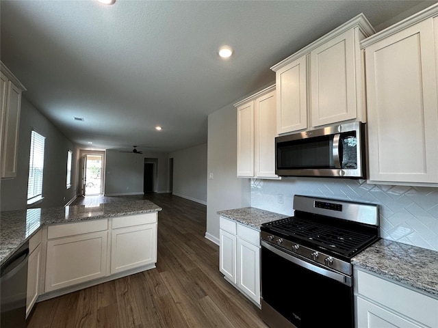 kitchen featuring decorative backsplash, stainless steel appliances, open floor plan, and dark wood-style flooring