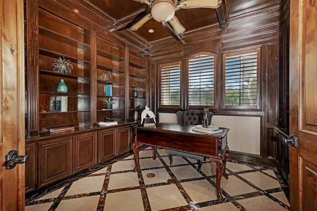 2220 Todville Rd, Seabrook, TX 77586 - office with built in features, a ceiling fan, coffered ceiling, wood walls, and crown molding