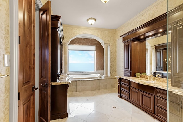 2220 Todville Rd, Seabrook, TX 77586 - bathroom with decorative columns, vanity, a garden tub, tile patterned floors, and ornamental molding