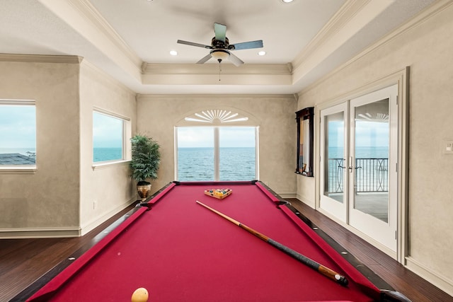 2220 Todville Rd, Seabrook, TX 77586 - rec room with billiards table, wood finished floors, french doors, a water view, and ornamental molding