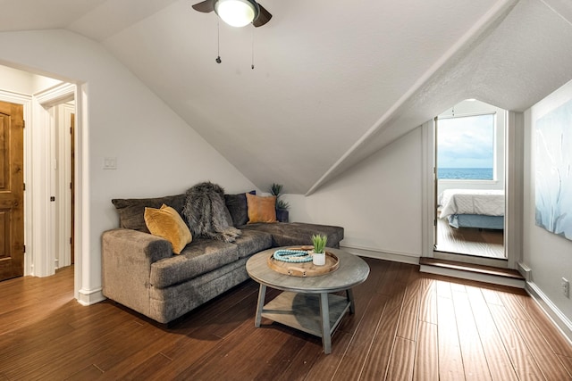 2220 Todville Rd, Seabrook, TX 77586 - living room featuring vaulted ceiling, baseboards, a ceiling fan, and wood finished floors